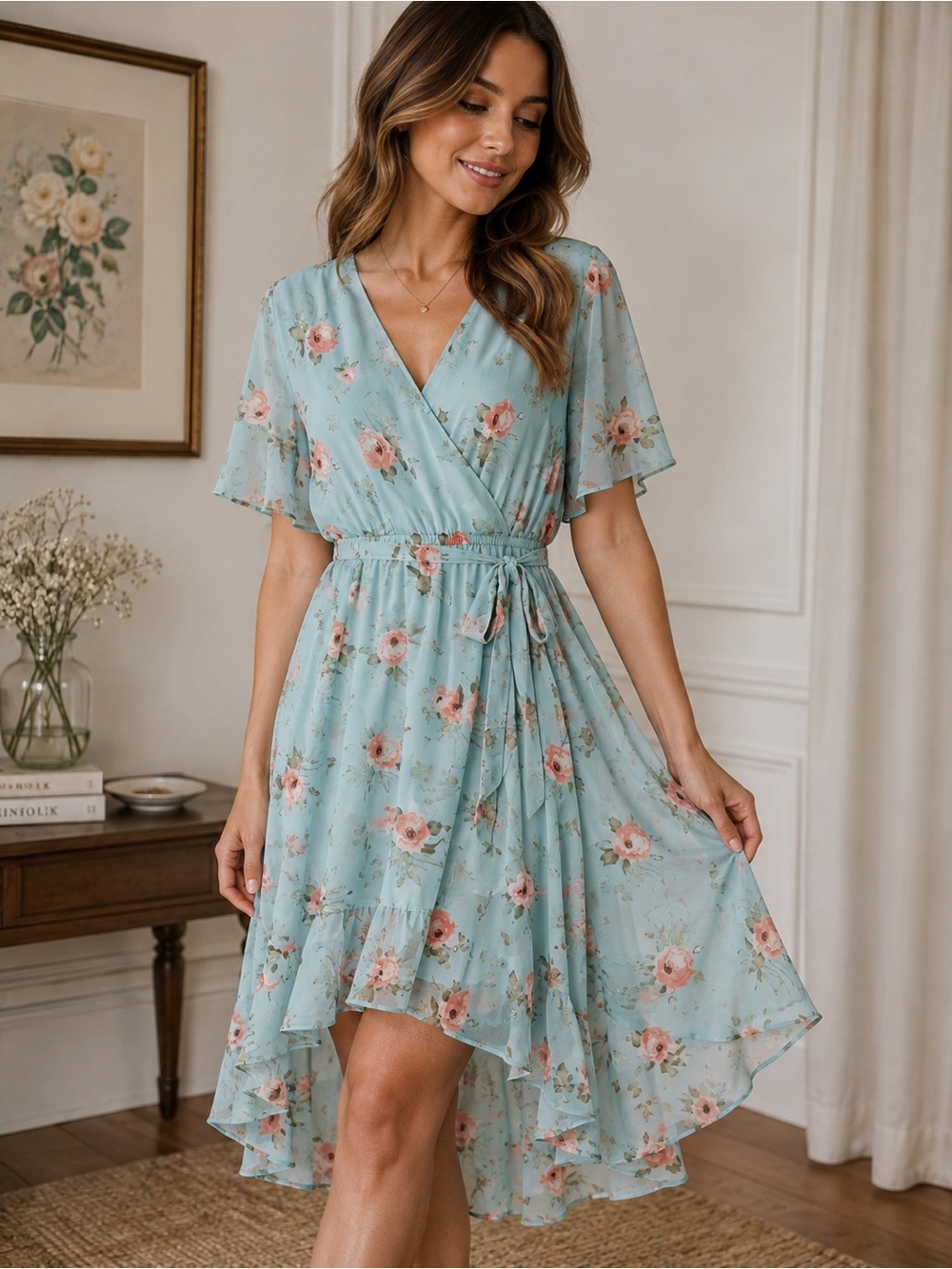 Floral High Low Chiffon Wrap Dress Blue Pink Roses Plus Size 18